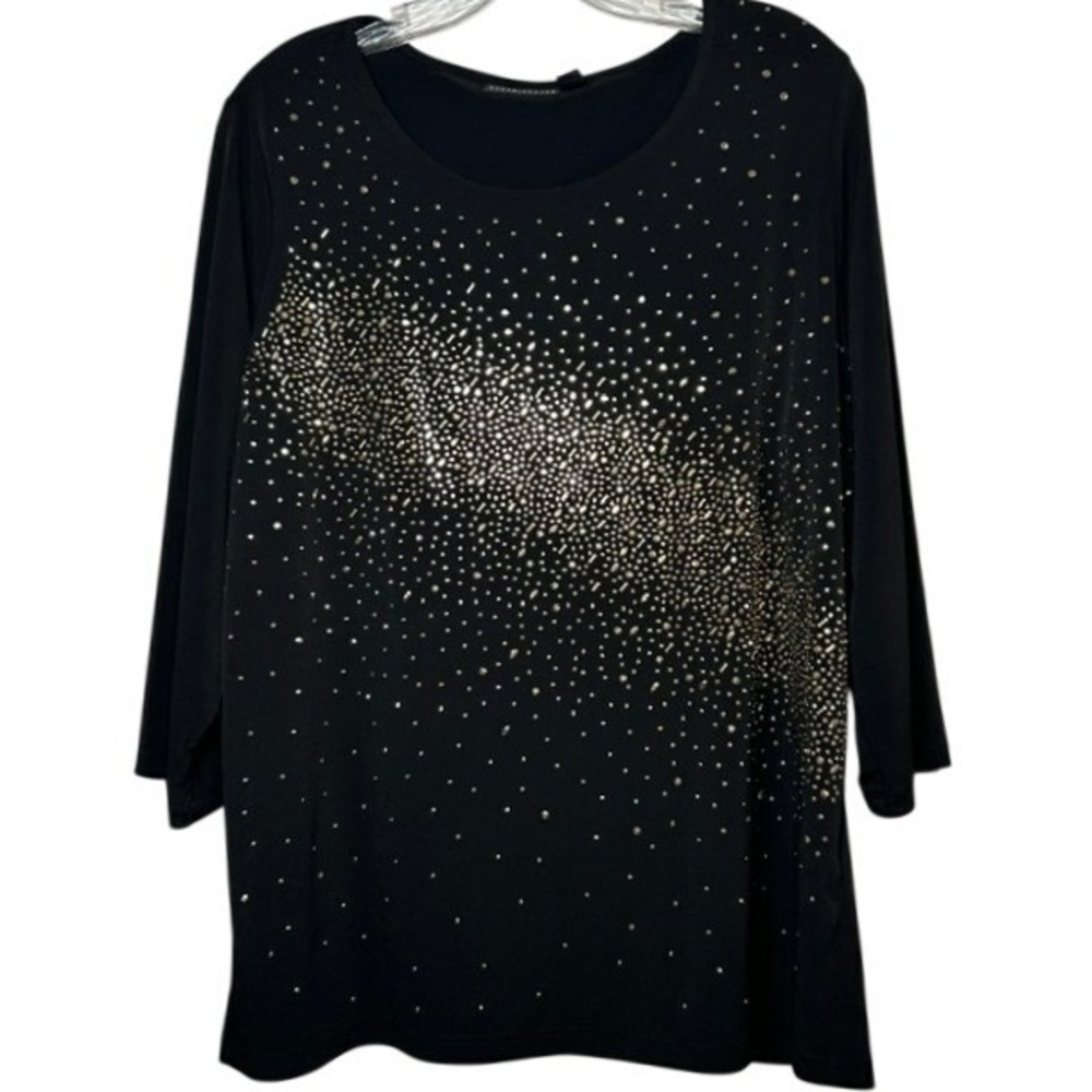 Susan Graver Artisan Women's Black w/ Gold Rhinestones Tunic Blouse LG Holiday